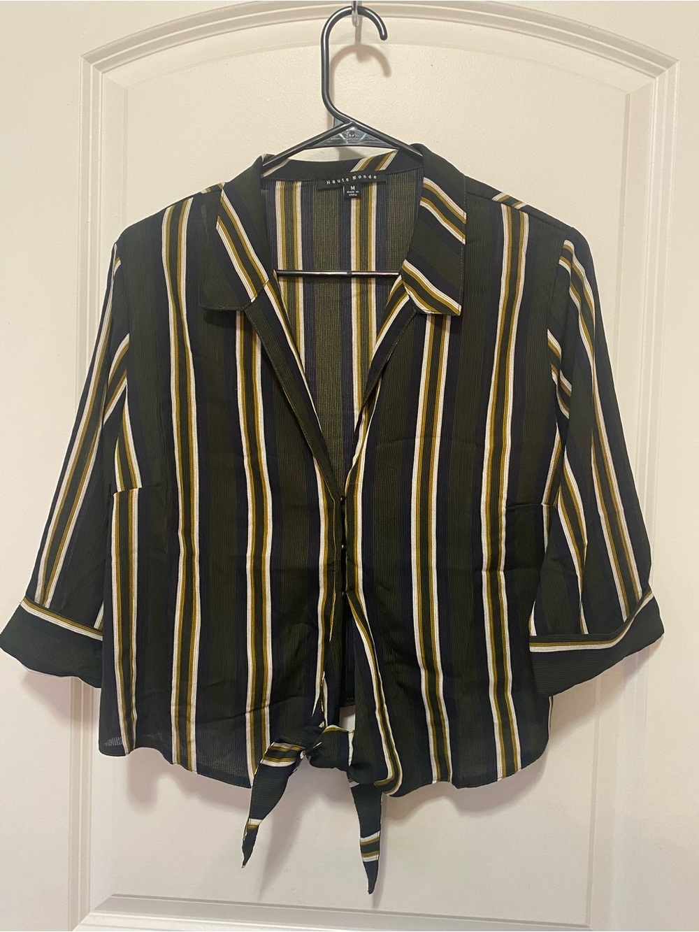 Haute Monde Striped Button-Front Tie Hem Blouse